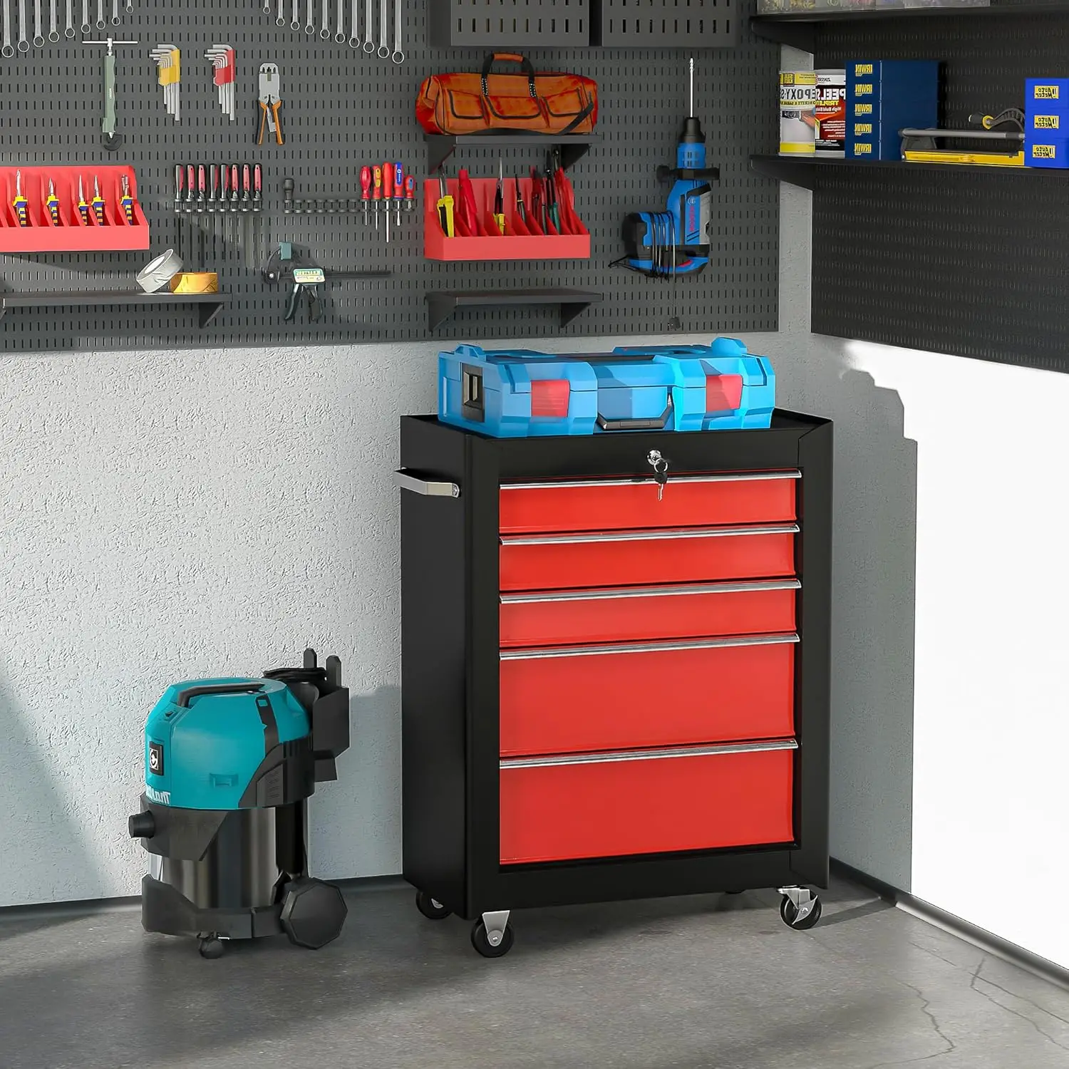 #￥for5-Drawer Lockable Steel Square Tool Storage Case Four-Wheel ODM Customized Powder Coated Red JINFENG
