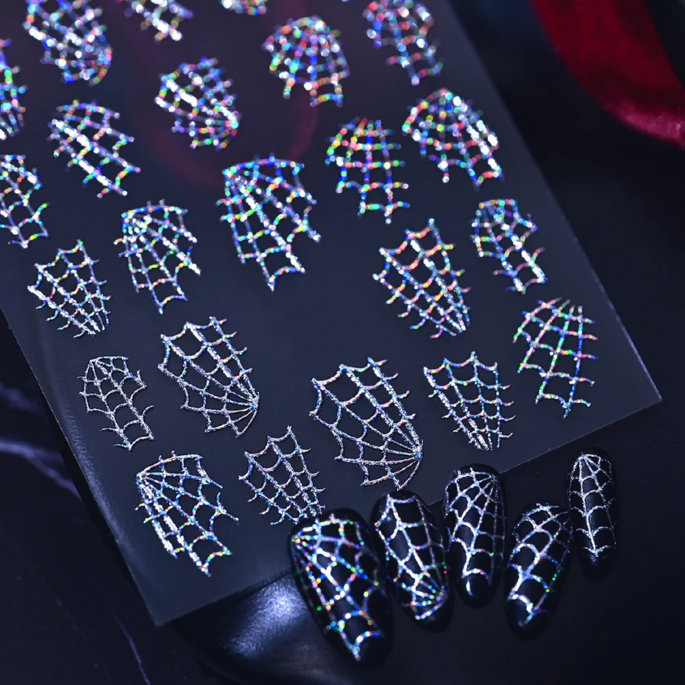 1Pcs 3D Golden Spider Web Nail Stickers Hollow Out Spiderweb Self Adhesive Nails Decals Halloween Festival DIY Manicure Supplies