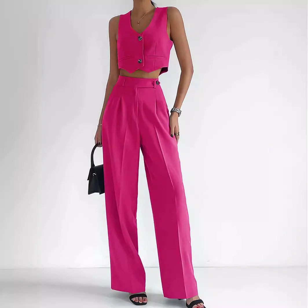 ผู้หญิงสีทึบแขนกุดปุ่มเสื้อกั๊กกางเกงลําลองชุดสองชิ้นสําหรับฤดูร้อน 2025