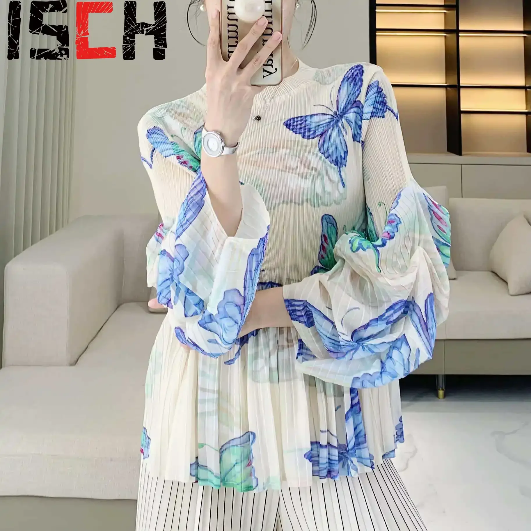 

Плиссированная Футболка с принтом, плиссированная Футболка с рукавами-фонариками и ручным зажимом, Новинка осени 2024, свободная тонкая футболка большого размера