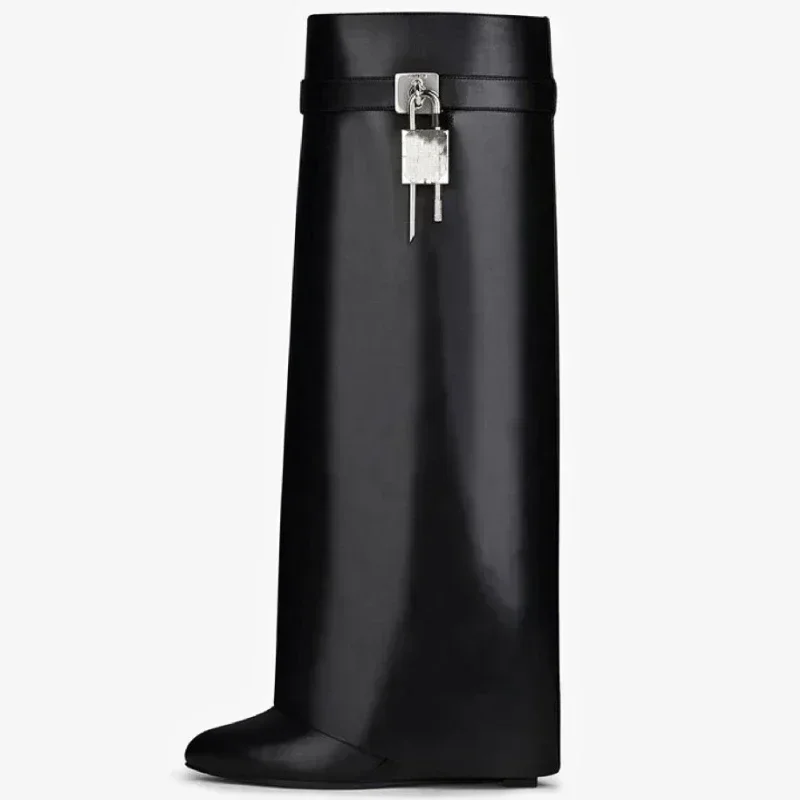 2024 Autumn Winter Lock Boots Women Designer Knee Boots Women Brand High Heel Knight Boots Fold Fashion Wedge Long Boot