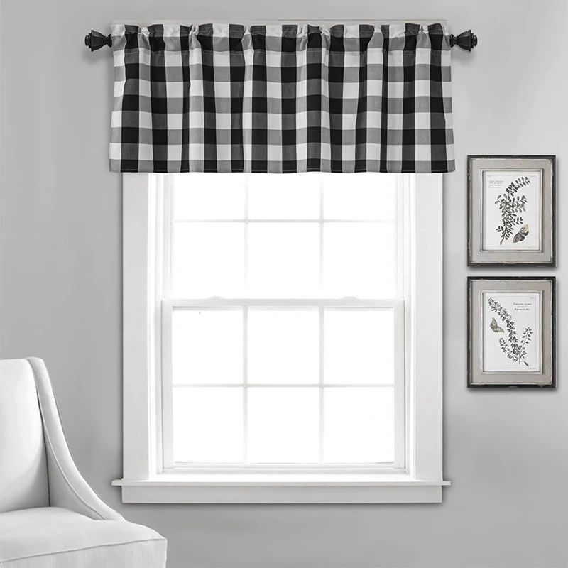 Buffalo Xadrez Valances para cozinha, Farmhouse Check, Janela Tratamento Decor, preto e branco