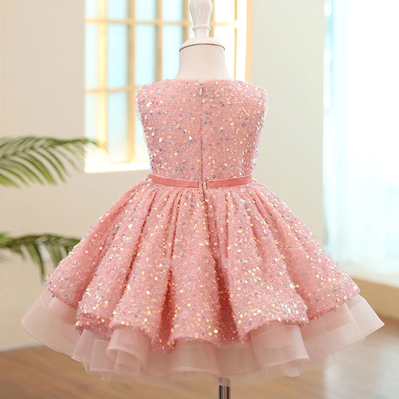 Flower Girl Elegant Gala Pink Dresses for Weddings Prom Pageant Fluffy Short Evening Gown Children Eid Luxury Sequin Party Dress