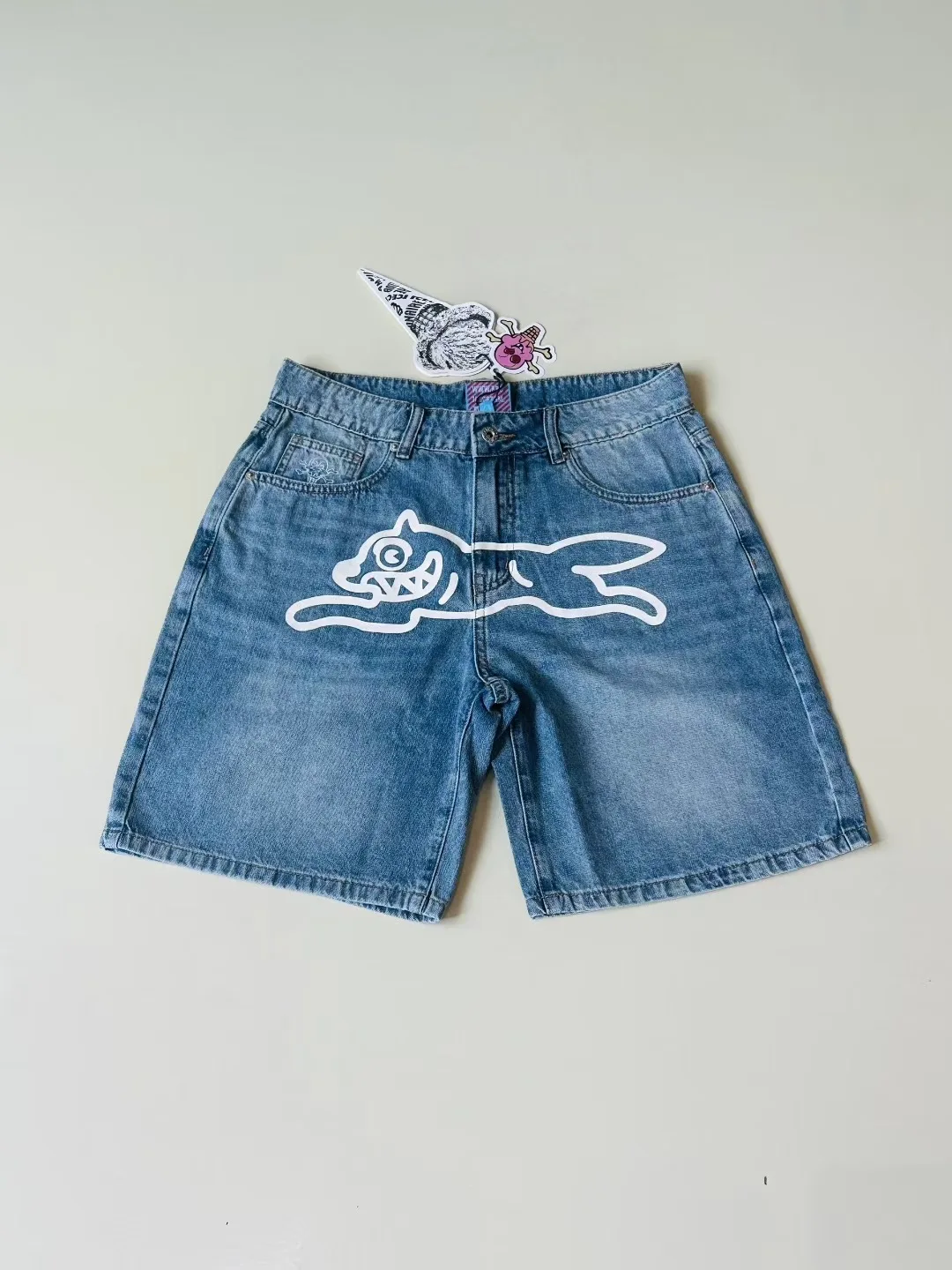 

American Street Brand ICECREAM FLY DOG Printed Mens Casual Jeans Shorts Zipper Loose Fit Capri Men Denim Shorts Pants