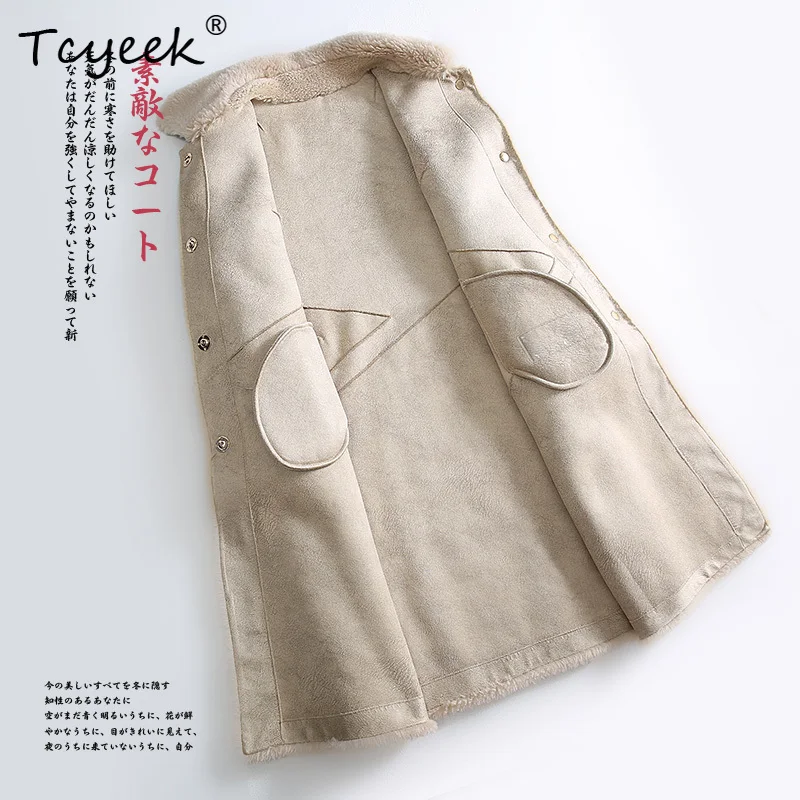 Tcyeek 100% ขนสัตว์ฤดูใบไม้ร่วงฤดูหนาวสไตล์เกาหลีแบบบูรณาการสแควร์Beigeความยาวปานกลางผู้หญิงเสื้อขนสัตว์Fourrures femme