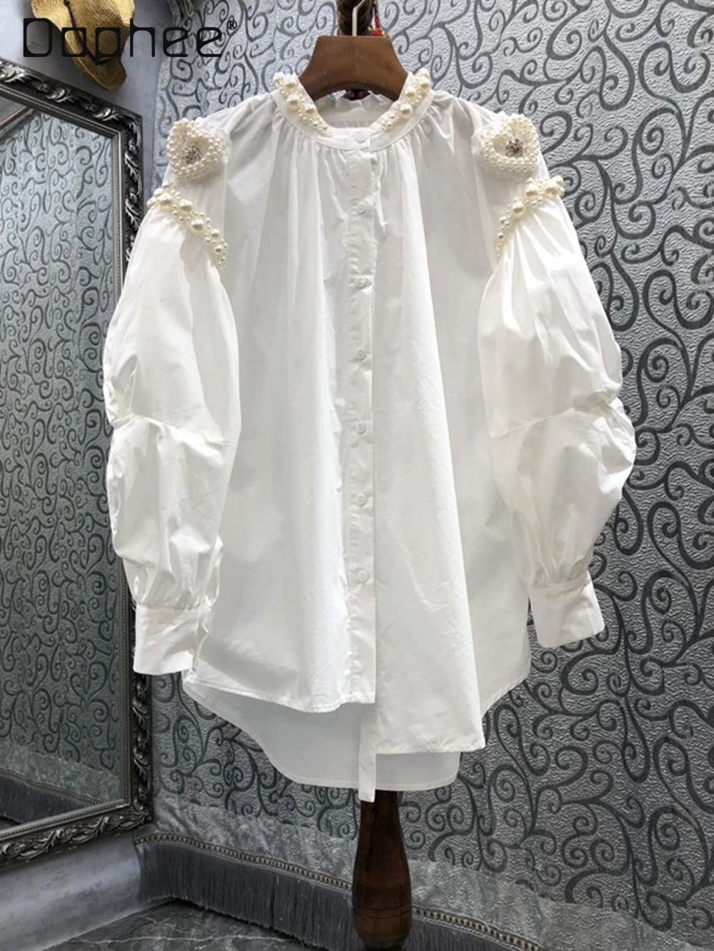 

Pearl Lantern Sleeve Blouse Women Round Collar Single Breast Loose Beaded Shirt Office Lady Commute 2024 Spring Autumn New