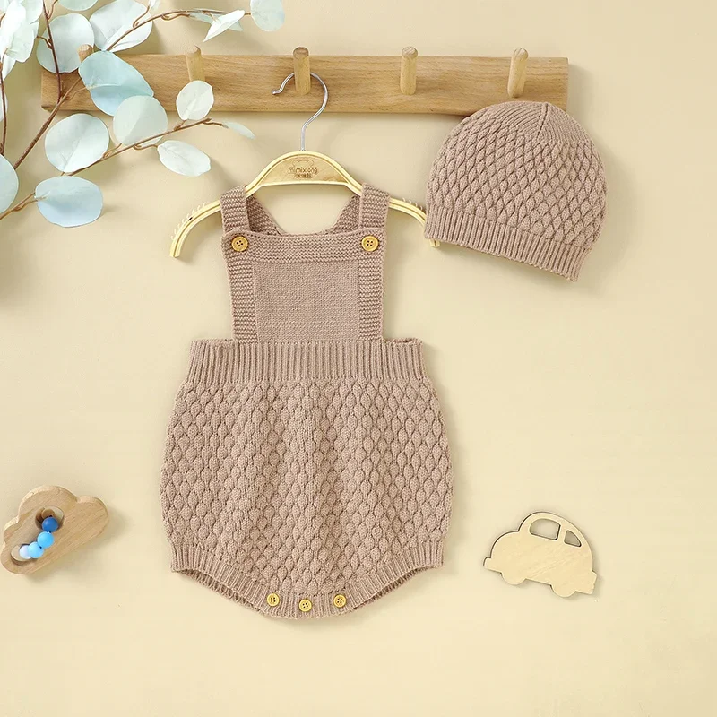 

Baby Bodysuit Hat Knit Infant Girls Boy Newborn Jumpsuit Sleeveless Child Clothing 0-18M Overalls Tops 2PC Fashion Solid Rompers