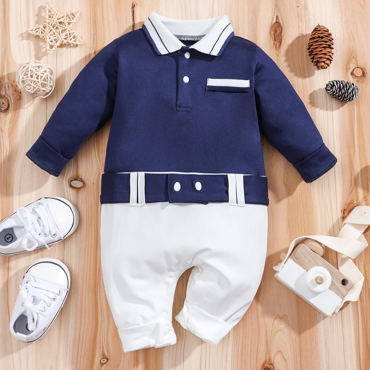 IURNXB Newborn Baby Boys Gentleman Clothes One Piece Polo Romper Formal Outfit Tuxedo Christmas Long Sleeve Jumpsuit Gifts 0-18M