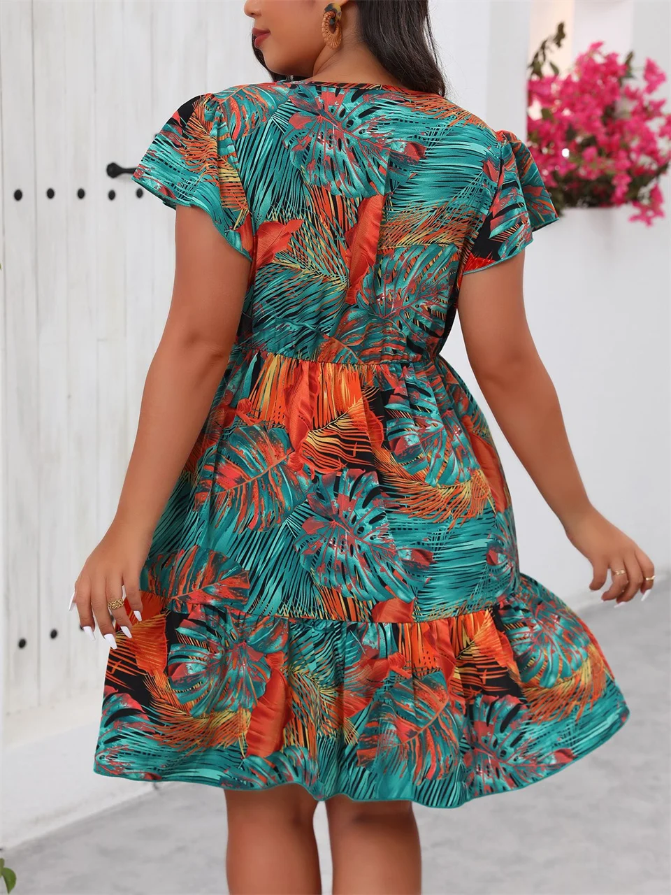 GIBSIE Plus Size Tropical Print O-Neck Ruffle Hem Dress Women Vacation Boho Beach Casual Big Swing Summer Mini Dresses 2025