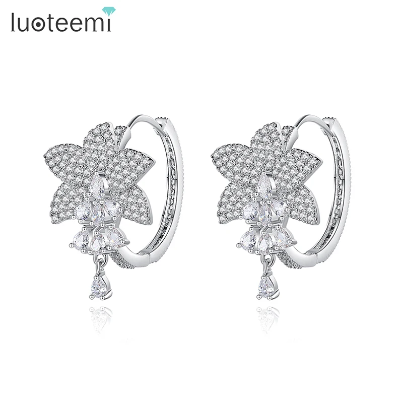 LUOTEEMI Unique Designer Cubic Zirconia Earrings Lotus Flower Shape Brilliant CZ Charm Hoop for Women Girl Wedding Party Jewelry