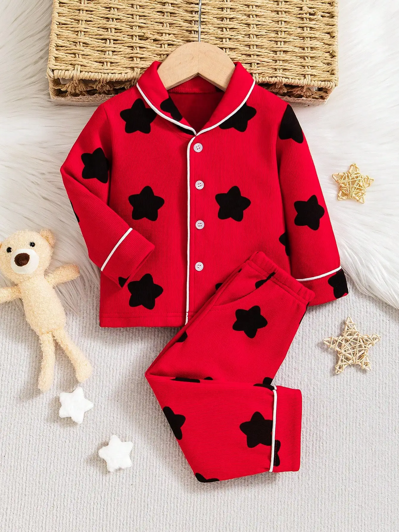 Children's Spring Red and Black Star Cardigan Pajamas, Soft Elastic Home Clothes Set for Boys and Girls