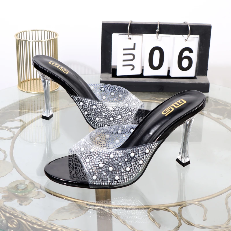 

luxurious transparent slippers 2024 new summer outside rhinestones drag thin heels fashion women's sandals high heeled shoes
