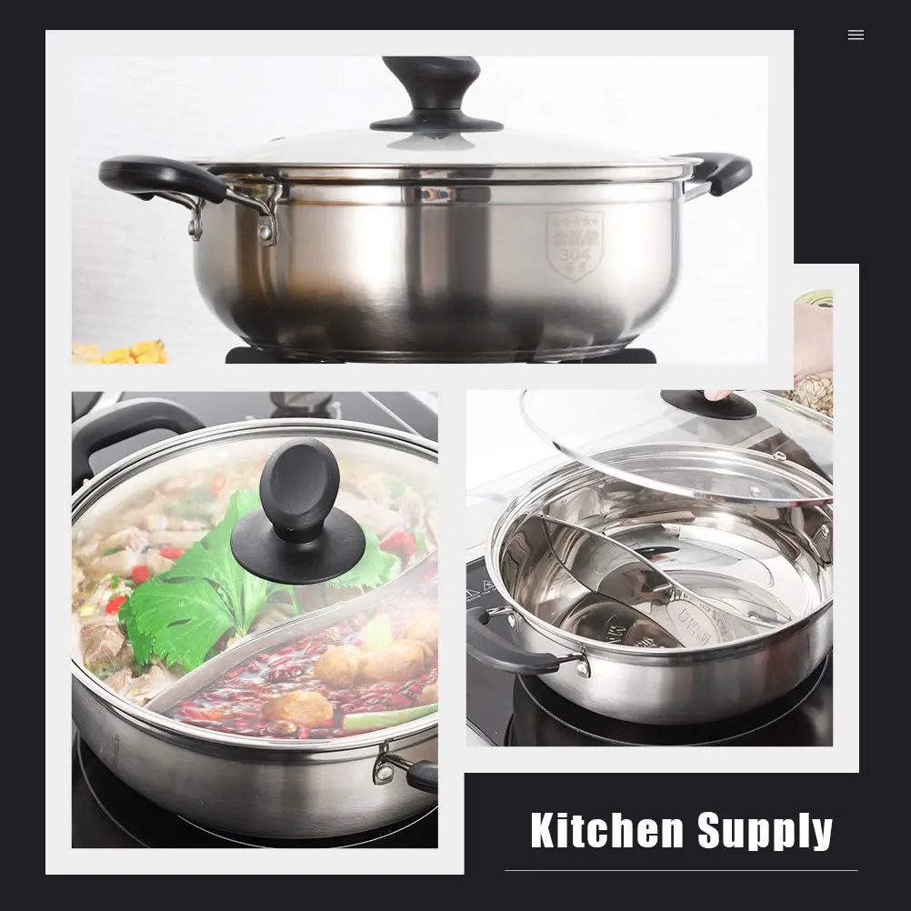 1Pcs Stainless Steel Two Flavor Hot Pot with Anti Scald Handle Dual Grid Design Fast Heat Conduction Household Kitchen Cooking