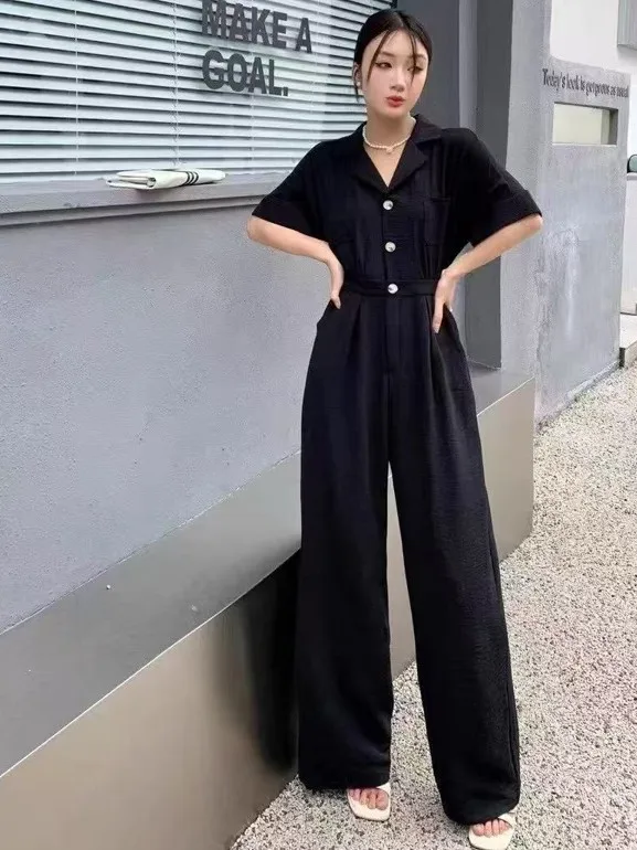 

Повседневный женский комбинезон с высокой талией и тонким воротником, новинка лета, универсальные длинные прямые брюки, удобная смесь хлопка