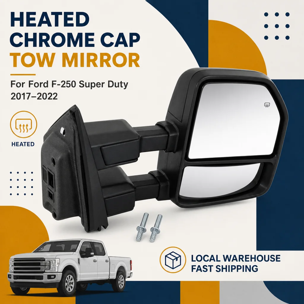 Chrome Cover Side-Mounted Car Rearview Mirror with Heating Function, For Ford F-250 Super Duty 2017-2022