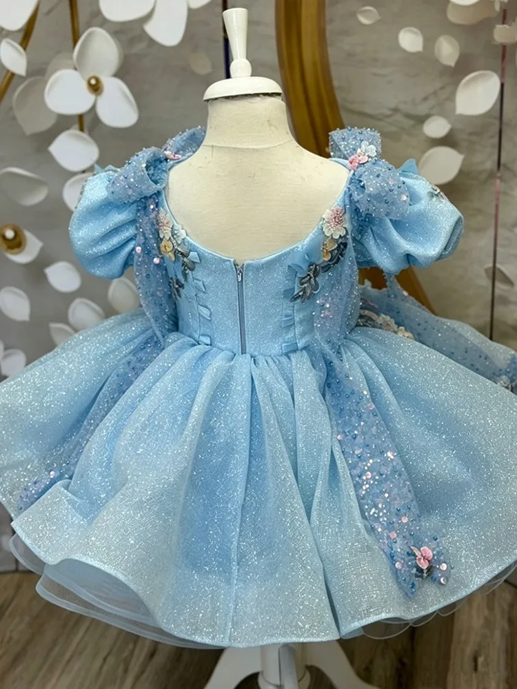 Blaues Prinzessinnenkleid für Mädchen mit 3D-Schmetterlings- und Blumenapplikationen, Puffärmeln, Tüllrock, Kindergeburtstag, Hochzeit, Party, Festzug, Kostüm A5127 – Detail 7