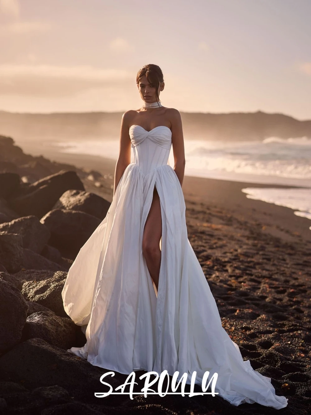 

Graceful Sweetheart Neckline Beach Wedding Dress Simple A Line Customized Floor-length Sexy High Split Cocktail Gown With Scarf