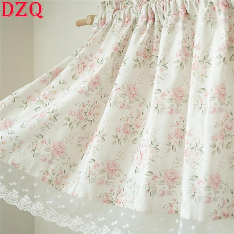 Korean Sweet Flowers Short Curtains for Living Room Japanese Oil Painting Lace Floral Half Curtains for Kitchen #A633