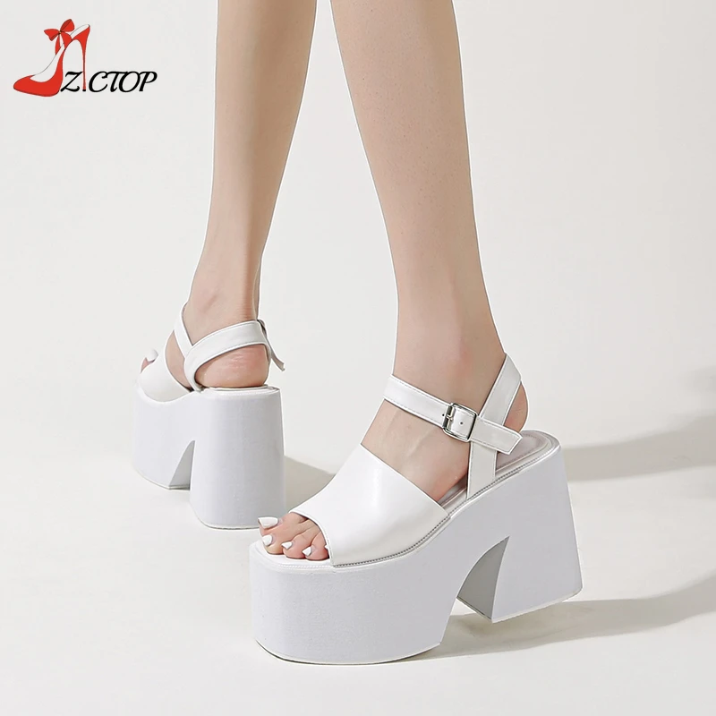 10CM Platform High Heels Chunky Strappy Sandals Women Open Toe Ankle Buckle White Black Punk Shoes Female Summer Big Size 40 41