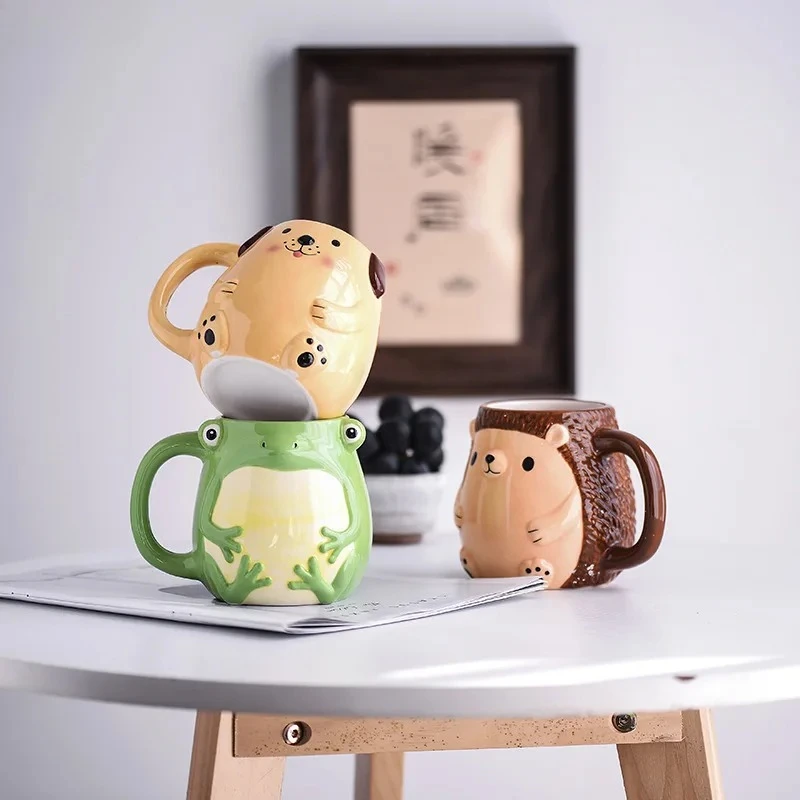 Cartoon Animal Cup Three-dimensional Ceramic Mug Coffee Mug Frog Hedgehog Cute Children's Breakfast Cup Christmas Gifts view 3