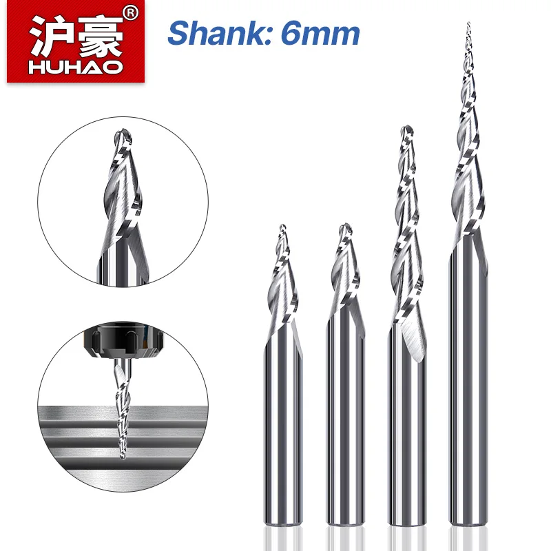 

HUHAO 6 мм сферическая коническая концевая фреза, твердый карбидный стальной фрезерный станок для деревообработки, металлический фрезерный станок с ЧПУ, гравировальный инструмент