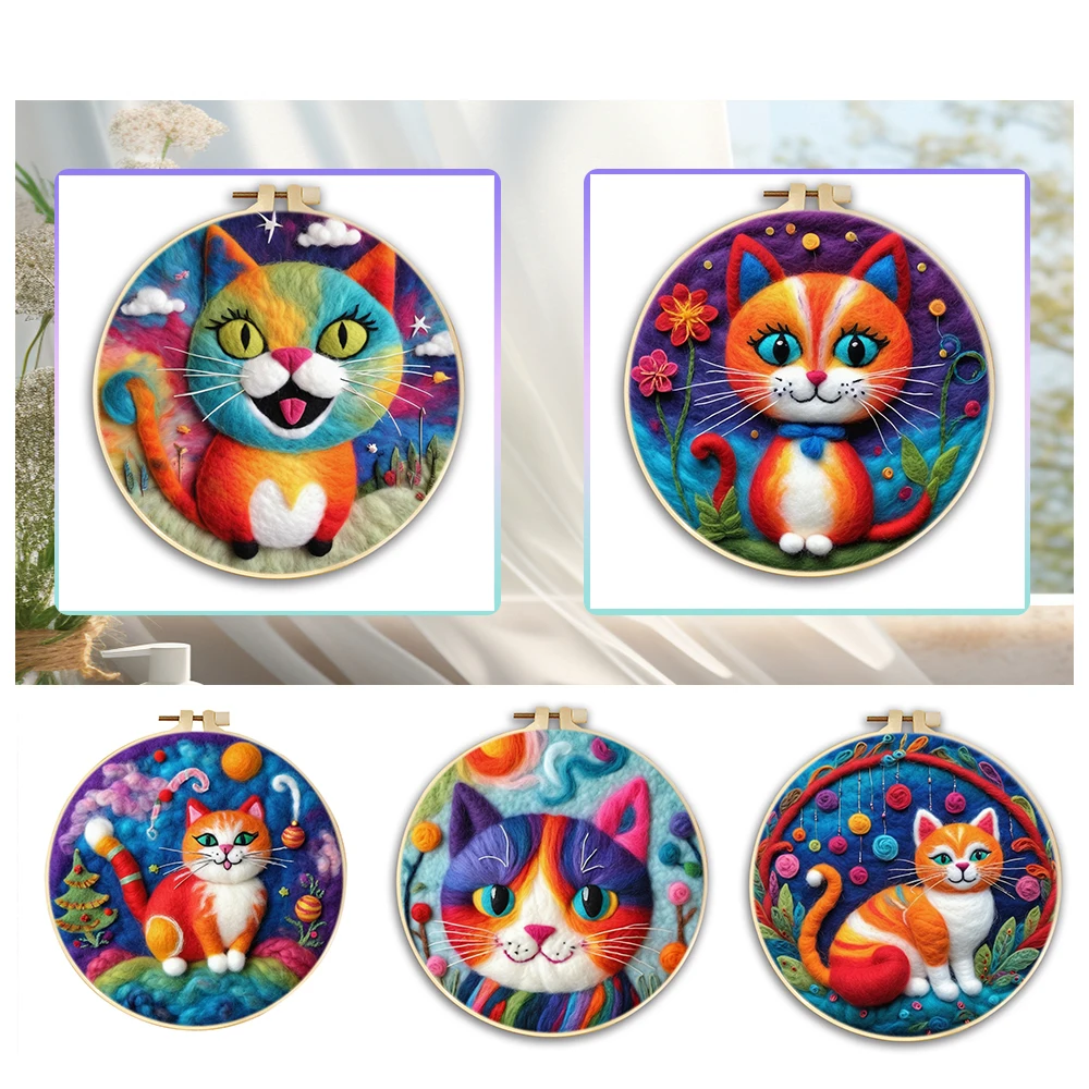 

GATYZTORY Painting DIY Felting Wool With Embroidery Kit Painting Needle Wool Cute Animals Cat Handcraft For Beginners Kits