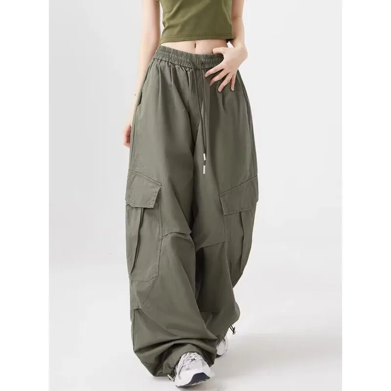 

Women Cargo Pants Baggy High Waist Wide Leg American Vintage Solid Multiple Pockets Trousers Fashion Hip-hop Streetwear Clothes