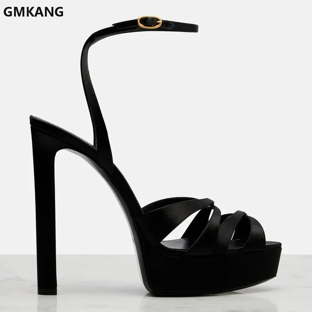 Platform Cross Tied Satin Sandals Pointed Toe Thin Heel Slip On Buckle Ankle Strap Evening Party Dress Women's GMKANG Shoes