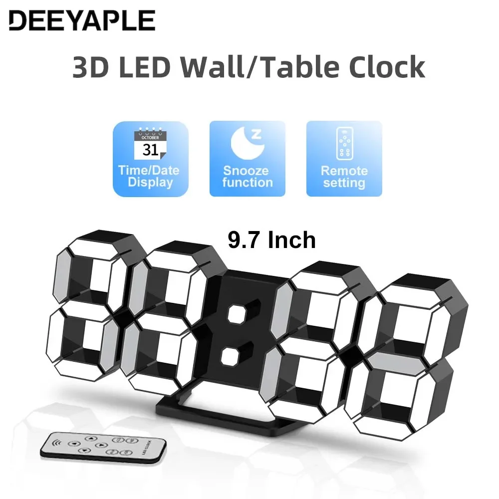 Deeyaple 3D LED Digital Wall Clock Alarm Clock Modern 3D Clock Time Date System Remote Control Nightlight Desktop Clock For Home