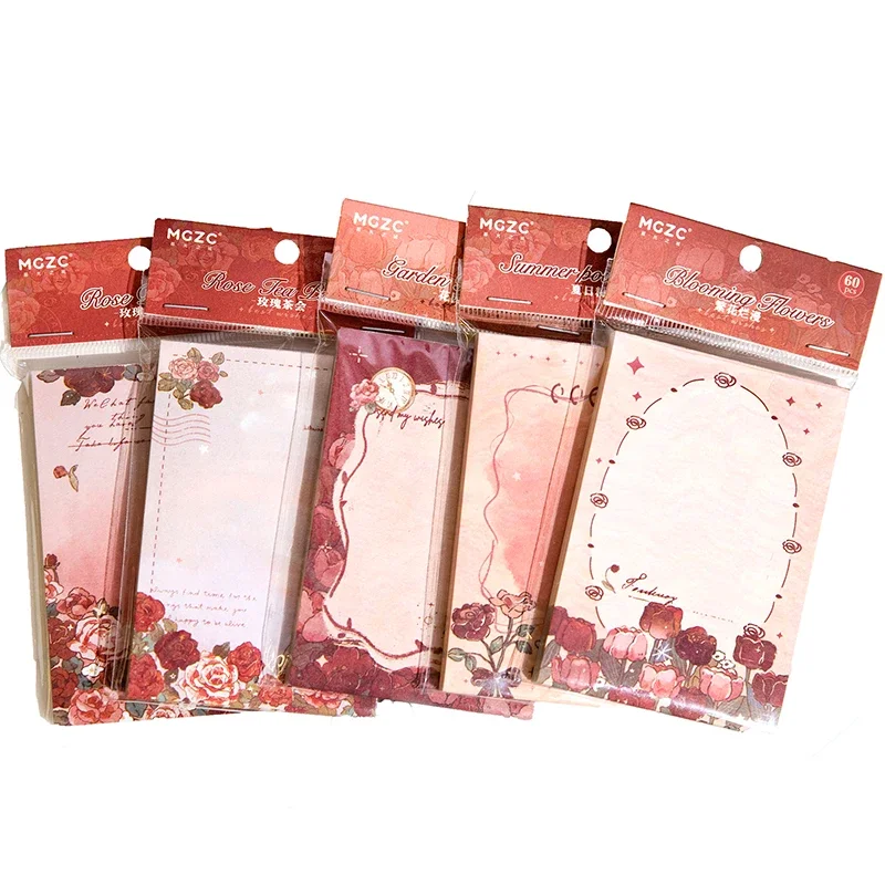 60Pcs Memo Note Rose Material Decorative Collage Backing Paper Writing Supplies Book Handbook Background Scrapbook 100*69MM