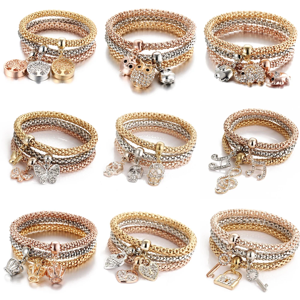 

3Colors/Lot Elastic Bracelets & Bangle For Women Crystal Tree of Life Owl Key lock Music Note Owl Butterfly Heart Charm Jewelry