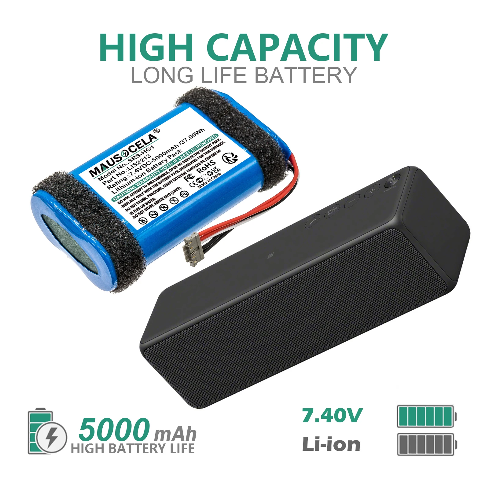 

Speaker Replacement Battery For Sony:LIS2213,SRS-HG1,SRS-HG2,SRS-HG110,5000mAh /37.00Wh,Li-ion,7.40V