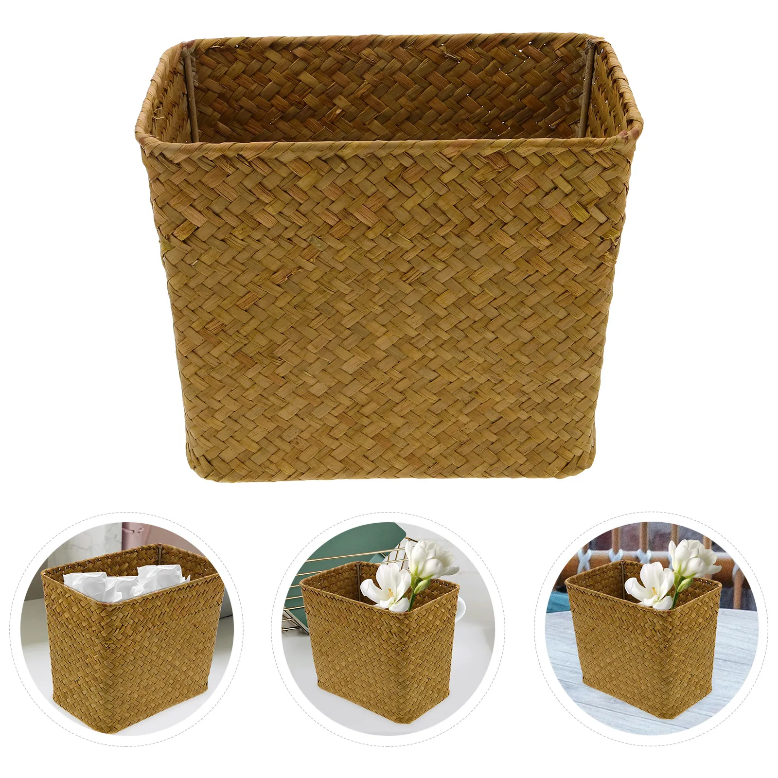 

Straw Woven Storage Basket Lightweight Portable Organizing Box Desktop Waste Paper Basket Household Sundry Container For Office