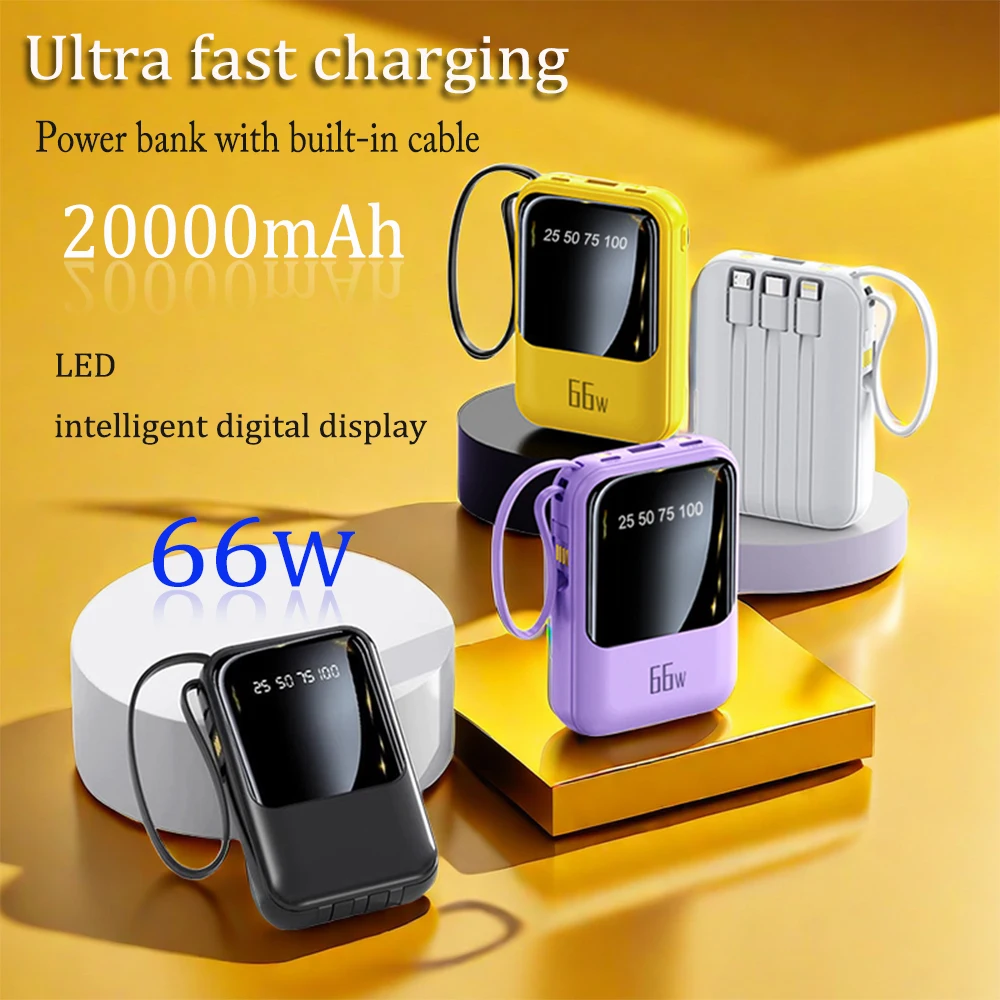 

66W Mobile Phone Power Bank 20000mAh With Built-in Cable, Compact, Portable, Mini, Super Fast Charging, Mobile Power Supply