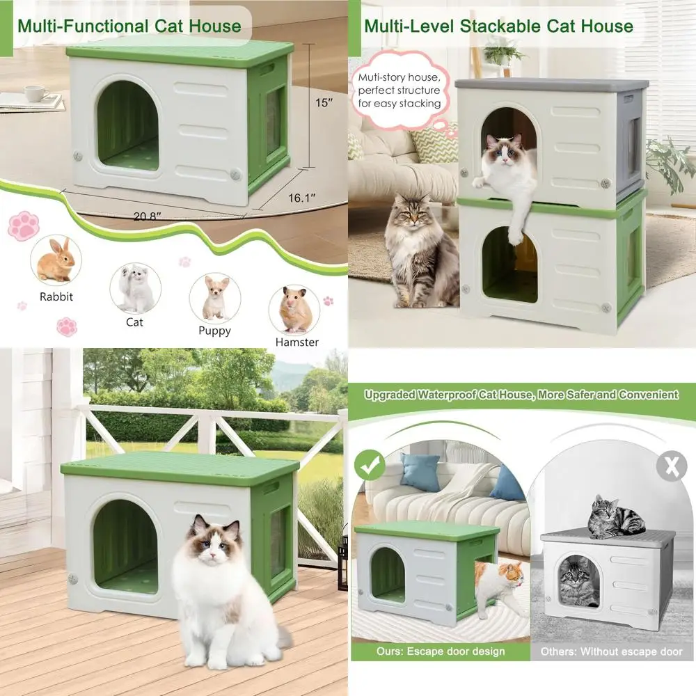 

Просторный водонепроницаемый домик для кошек для использования в помещении и на улице, с простой сборкой - зеленый