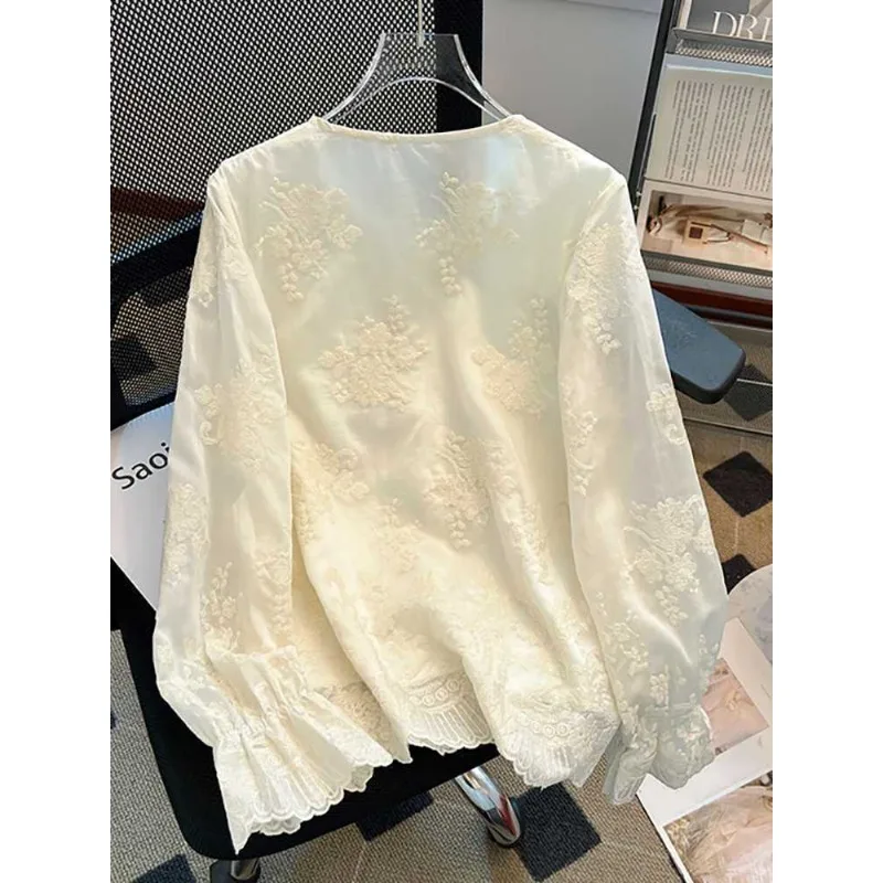 Spring 2026New Chinese Style Jacquard Embroidered Lace Shirt Long Sleeve Shirt Top Boutique Women's Clothing Female Autumn Shirt