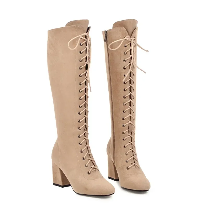 Oversize Large size Big size High quality autumn and winter women\'s shoes Square toes Thick Heel Lace-up cowboy boots