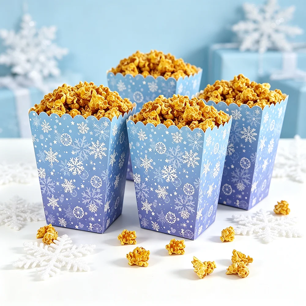 10-50pcs Snowflake Popcorn Boxes Paper Snack Box Candy Cookie Container Winter Frozen Theme Christmas Birthday Party Supplies view 5