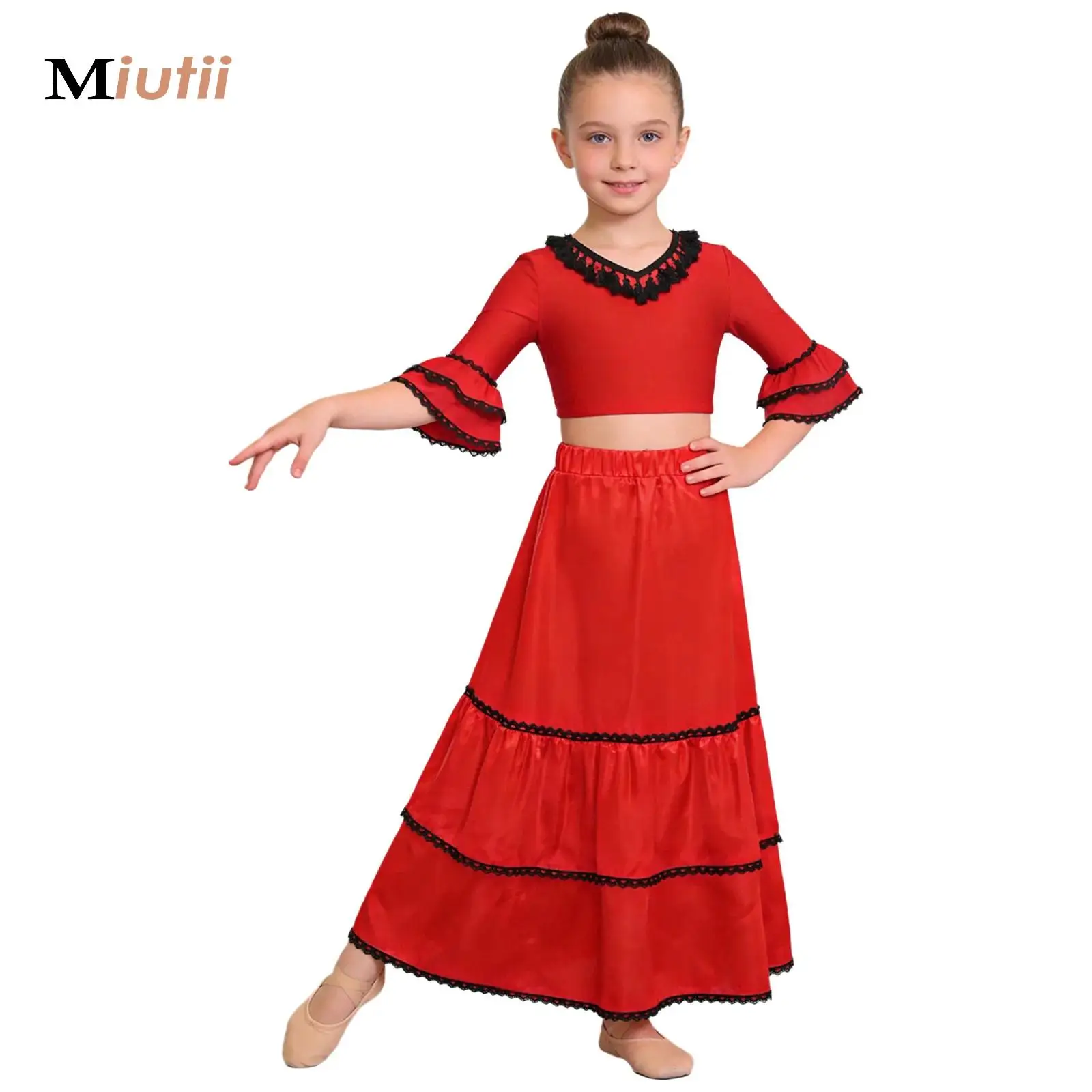 

Flamenco Skirt with Belly Dance Crop Top Red Spanish Skirt Tutus Kids Girls Spanish Flamenco Ballroom Tango Performance Costume