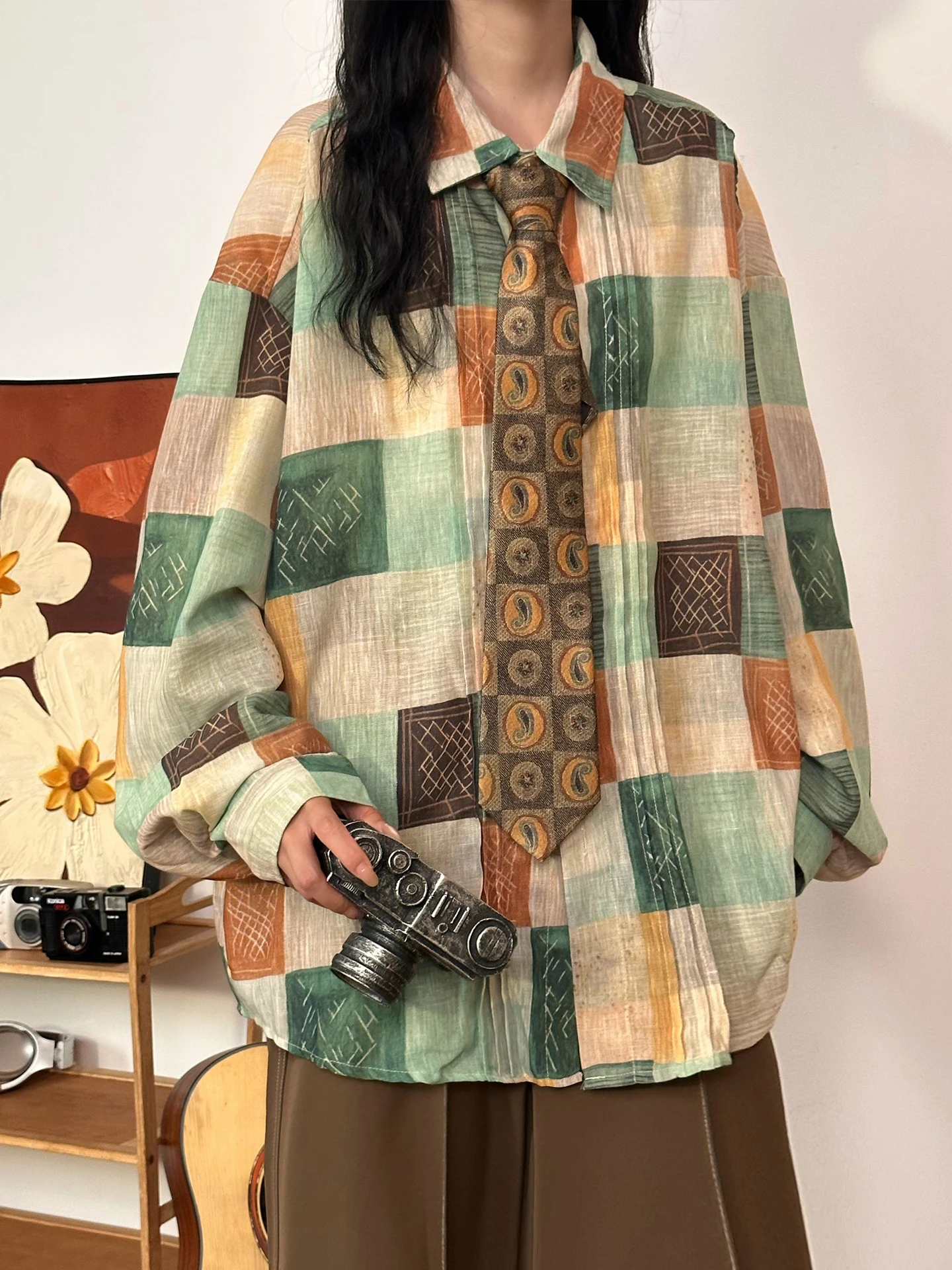 

Street Sle Loose Fit Long Sve Floral Patchwork Casual irt Women's Lazy Sle Top Breathable Polyester Fiber