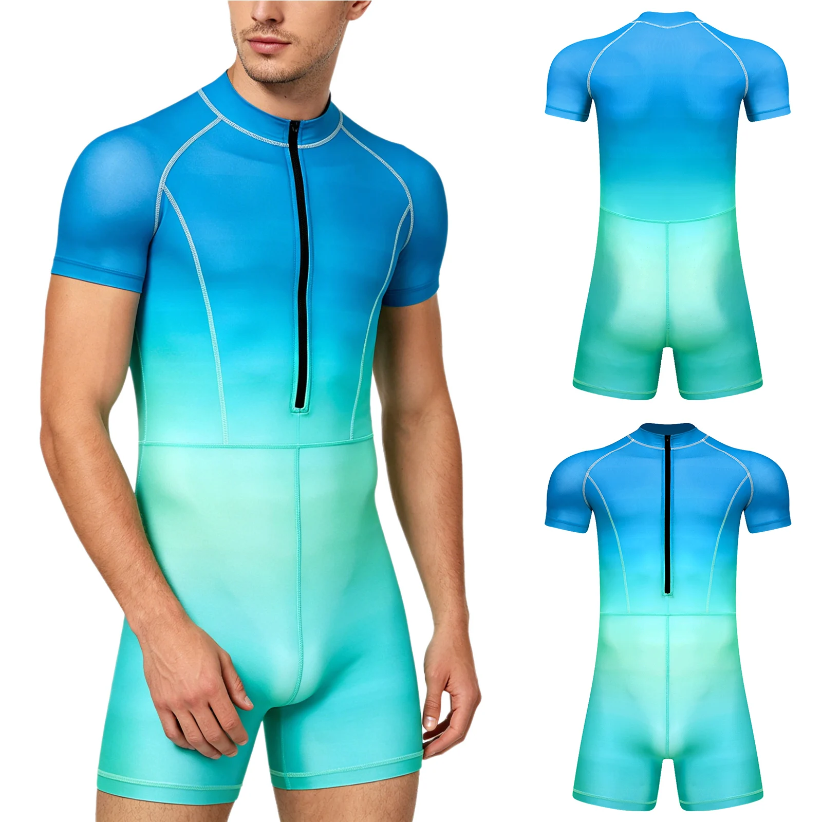 Mens Swim Leotard One Piece Rash Guard Jumpsuit Short Sleeve Boyshorts Bodysuit Beachwear Bathing Suit Surfing Diving Swimwear