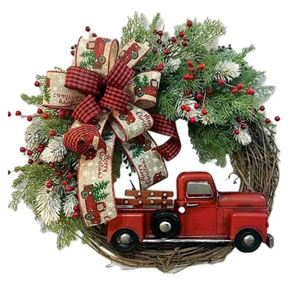 2024 Christmas Wreath Red Truck Front Door Wreath Vintage Farm Wreath With Pine Cones Fall Wreaths For Thanksgiving Xmas Decor