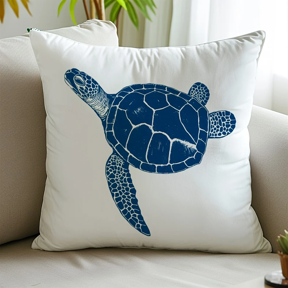 Blue Sea Turtle Pillow Cover 18x18 Inch Polyester Zipper Machine Washable Minimalist Nautical Decor Sofa Bed