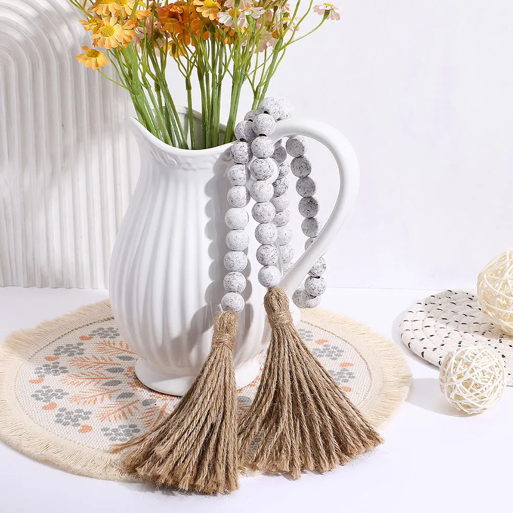 

Farmhouse Wood Bead Garland Tassels Rustic Vintage Boho Wall Hanging Home Tray Table Decor Natural Wooden Beads