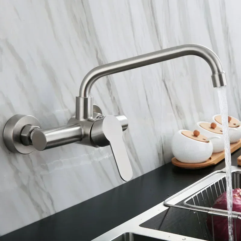 Stainless Steel Kitchen Faucet Wall Mounted Cold and Hot Tap Bathroom Basin Sink Faucet Universal Rotation Splash Proof Faucet