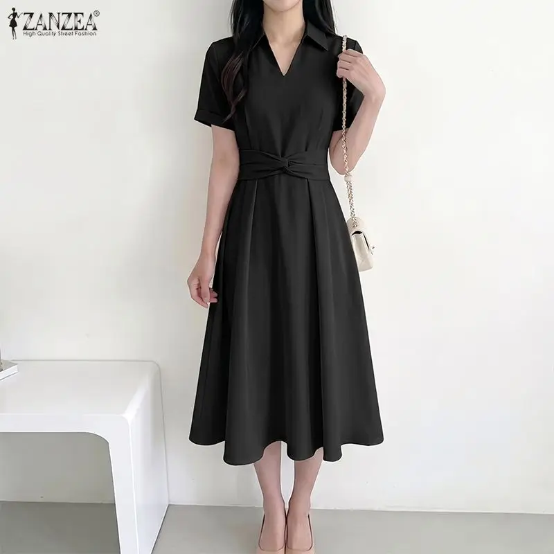 Robe d'été élégante ZANZEA 2026 pour femme, coupe trapèze, col à revers, manches courtes, longueur midi, unie, avec laçage, idéale pour le bureau