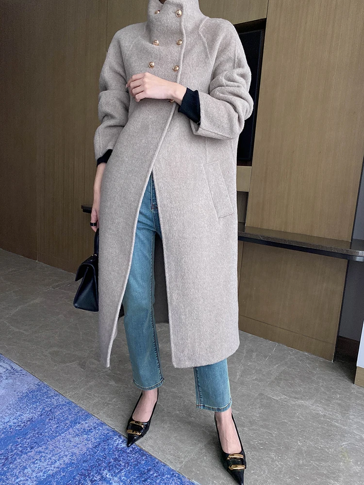 68% Wool Black Big Size Long Woolen Coat New Stand Collar Long Sleeve Women Jacket Fashion Autumn Winter