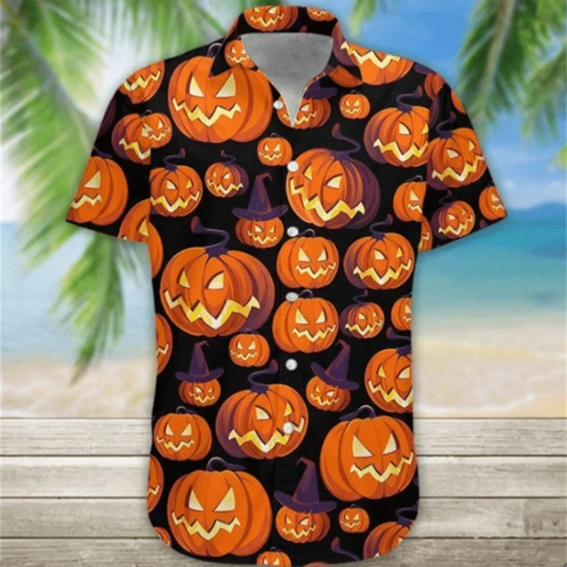 Hawaiian Oversize Halloween Men\'s Shirt Skull Terror Pumpkin 3D Print Cool Party Hop Clothing Beach Holiday Short Sleeve Summer