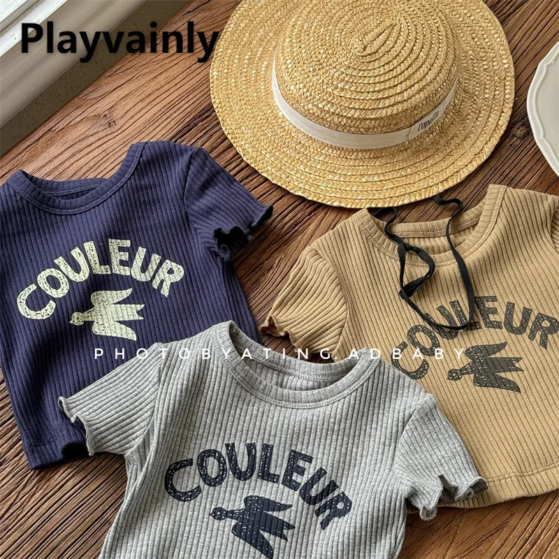 Korean Style Summer Baby Girls Elastic Pit Stripe T-shirt Letter Print Round Neck Short Sleeve Tees Children Slim Fit Tops A5226