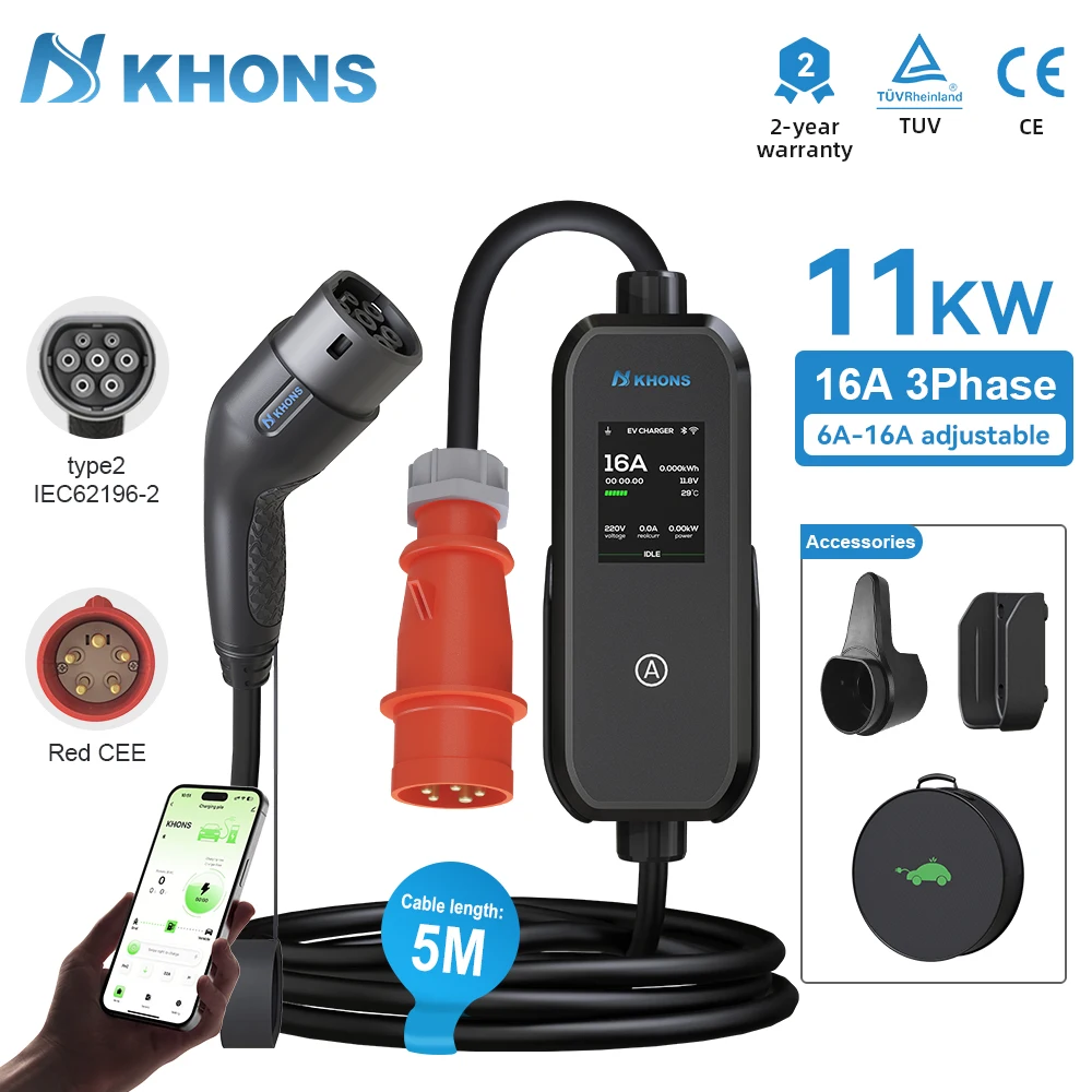 Khons 11KW 16A 3-Phasen EV-Ladegerät Typ2 Tragbare EVSE-Ladebox mit APP-Steuerung 5m TPU-Kabel für Elektroautos